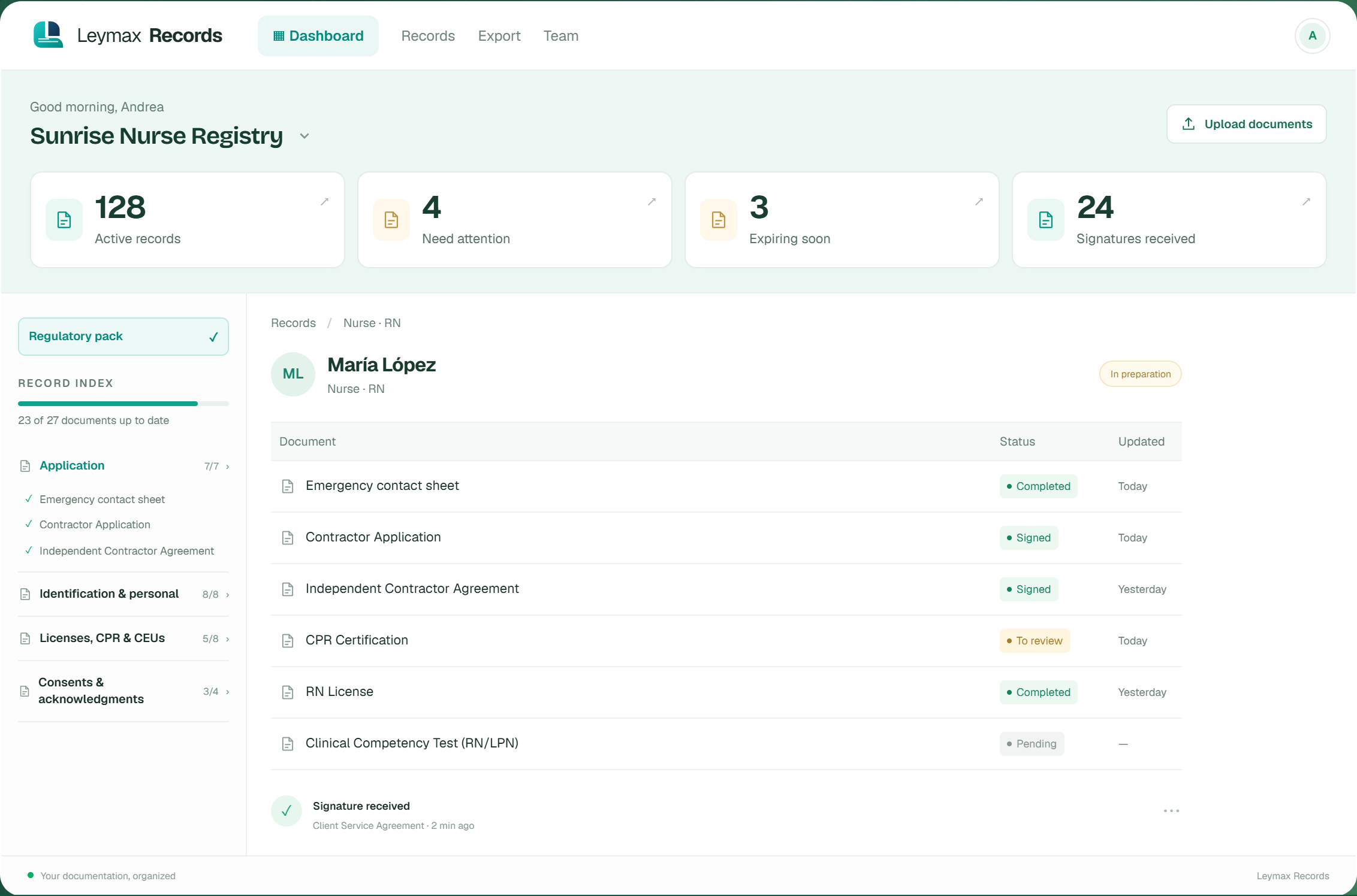 Leymax Records dashboard and record